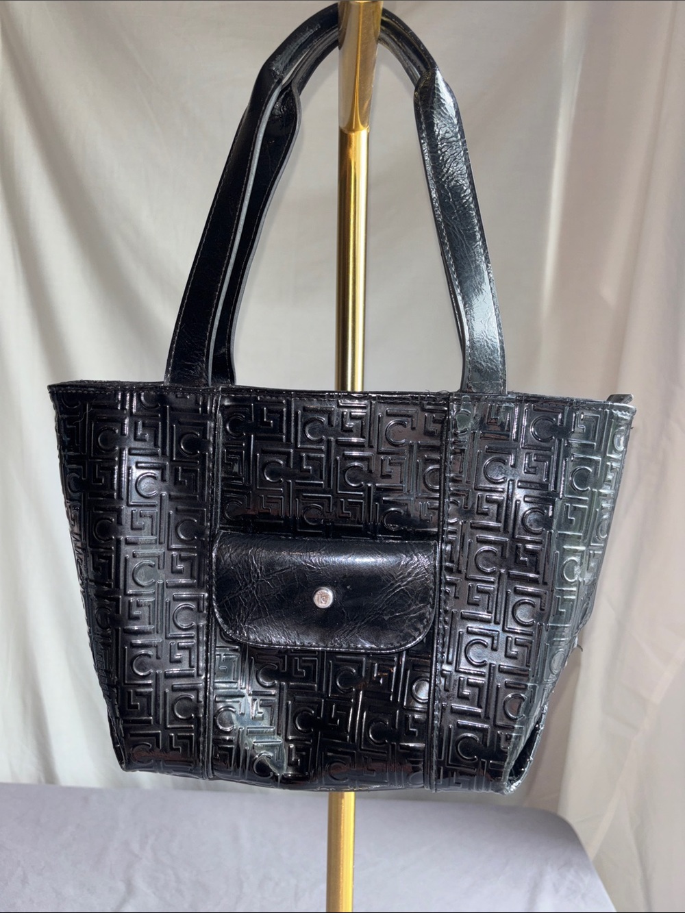 Liz Claiborne Black Patent Tote Bag with Front Snap Pocket